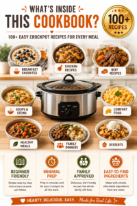 What's inside the Crockpot Recipes Cookbook featuring 100+ easy slow cooker recipes for breakfast, dinner, soups, desserts, and family meals