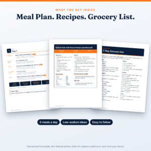 Inside pages of a high blood pressure meal plan ebook showing a daily menu, recipe card, and grocery list