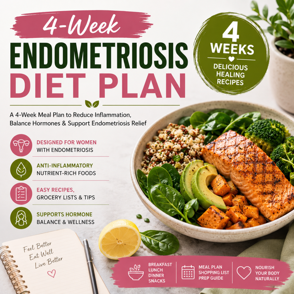 3D mockup of the 4-Week Endometriosis Diet Plan ebook featuring anti-inflammatory meal plans, recipes, grocery lists, and wellness guides