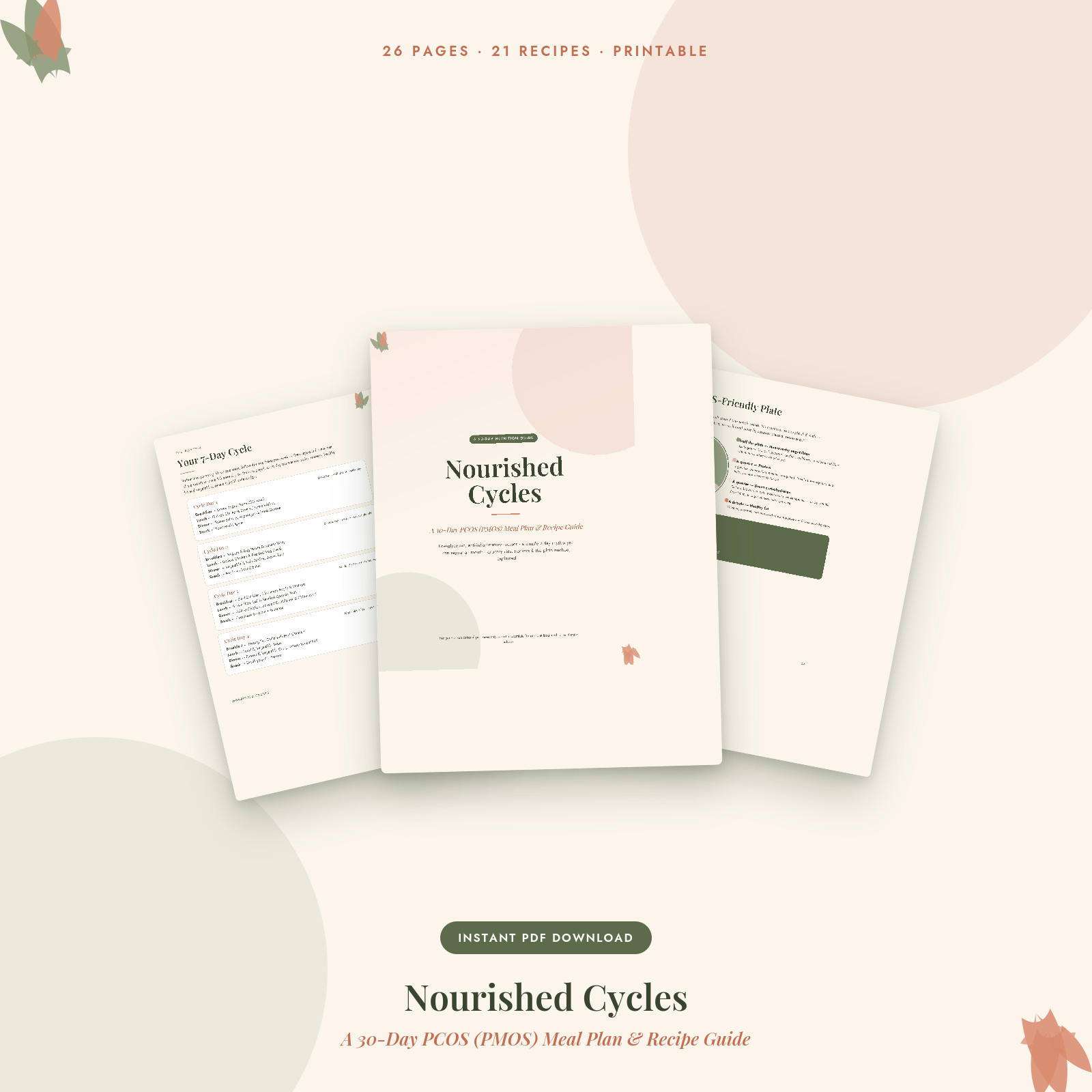 Nourished Cycles 30-day PCOS meal plan ebook cover with sample recipe pages fanned out, instant PDF download