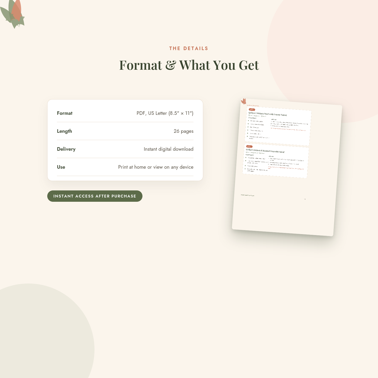 Product details card for the PCOS meal plan PDF showing format, page count, and instant digital download information