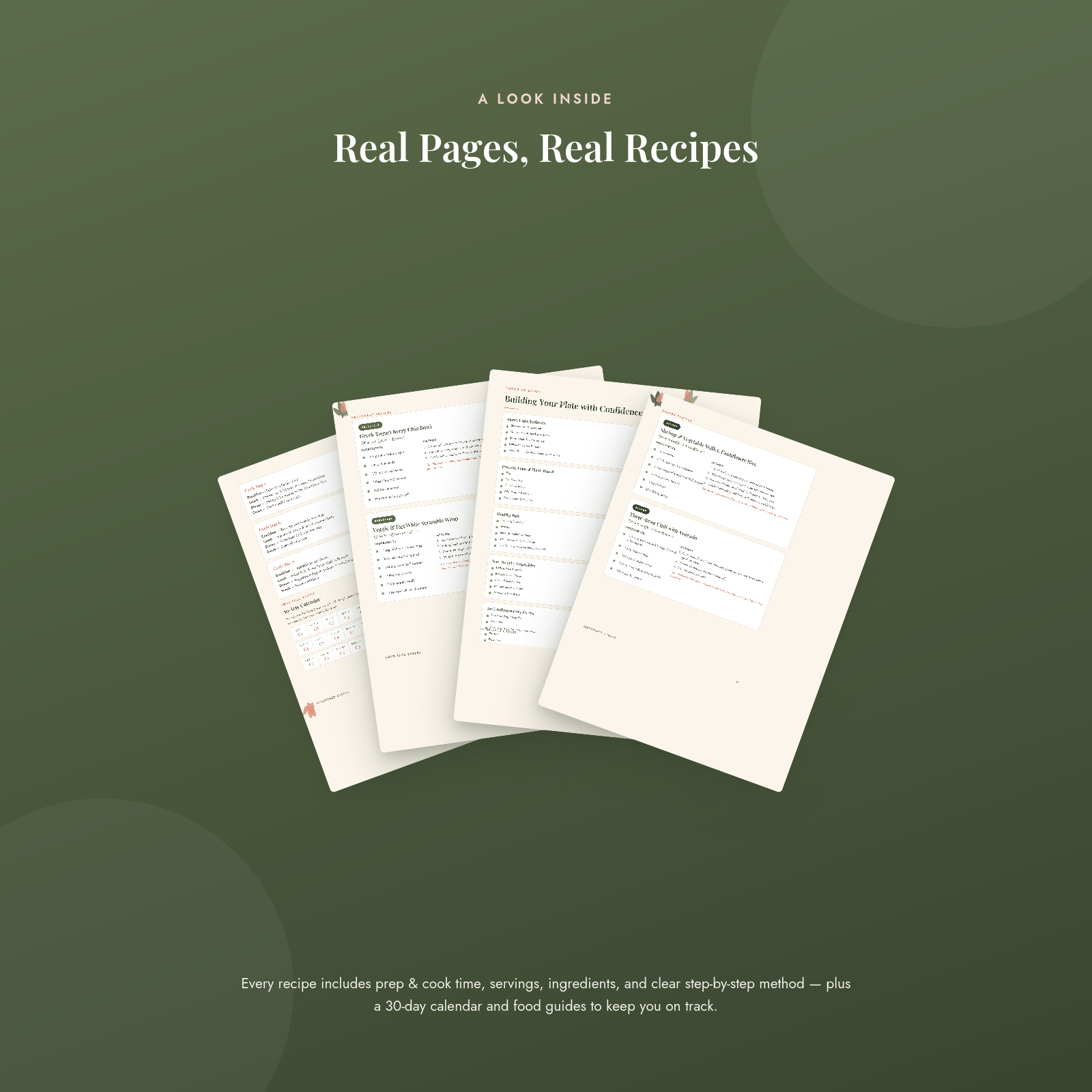 Preview of interior pages from the PCOS meal plan ebook, showing the 30-day calendar, sample recipes, and PCOS foods to eat guide