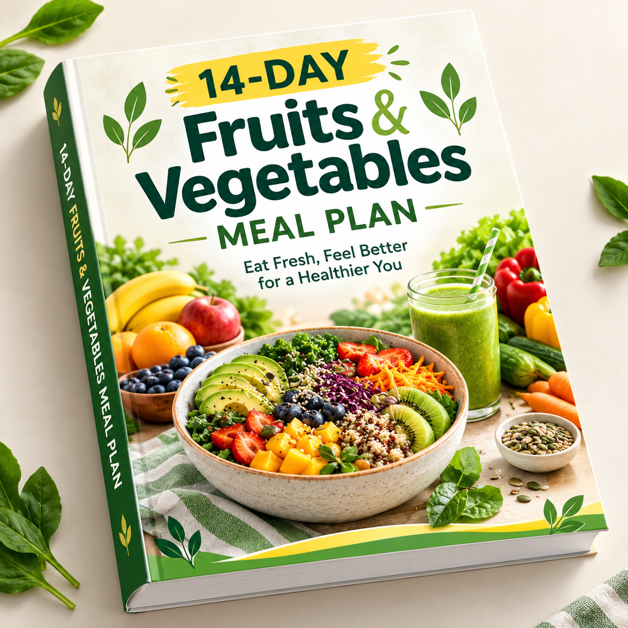 14-Day Fruits & Vegetables Meal Plan ebook cover featuring a colorful fruit and vegetable bowl, green smoothie, and fresh produce