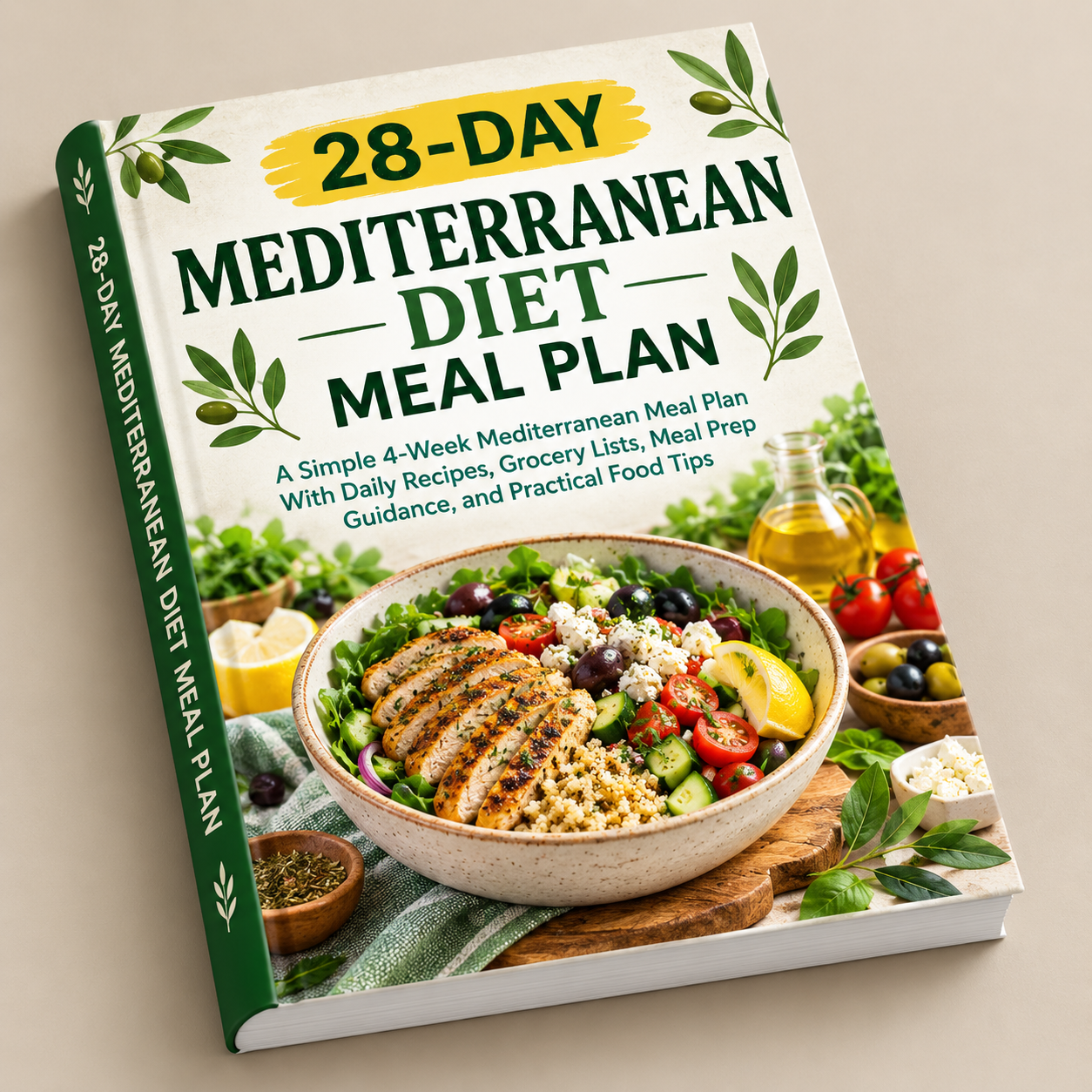 28-Day Mediterranean Diet Meal Plan 3D cookbook cover on a beige background