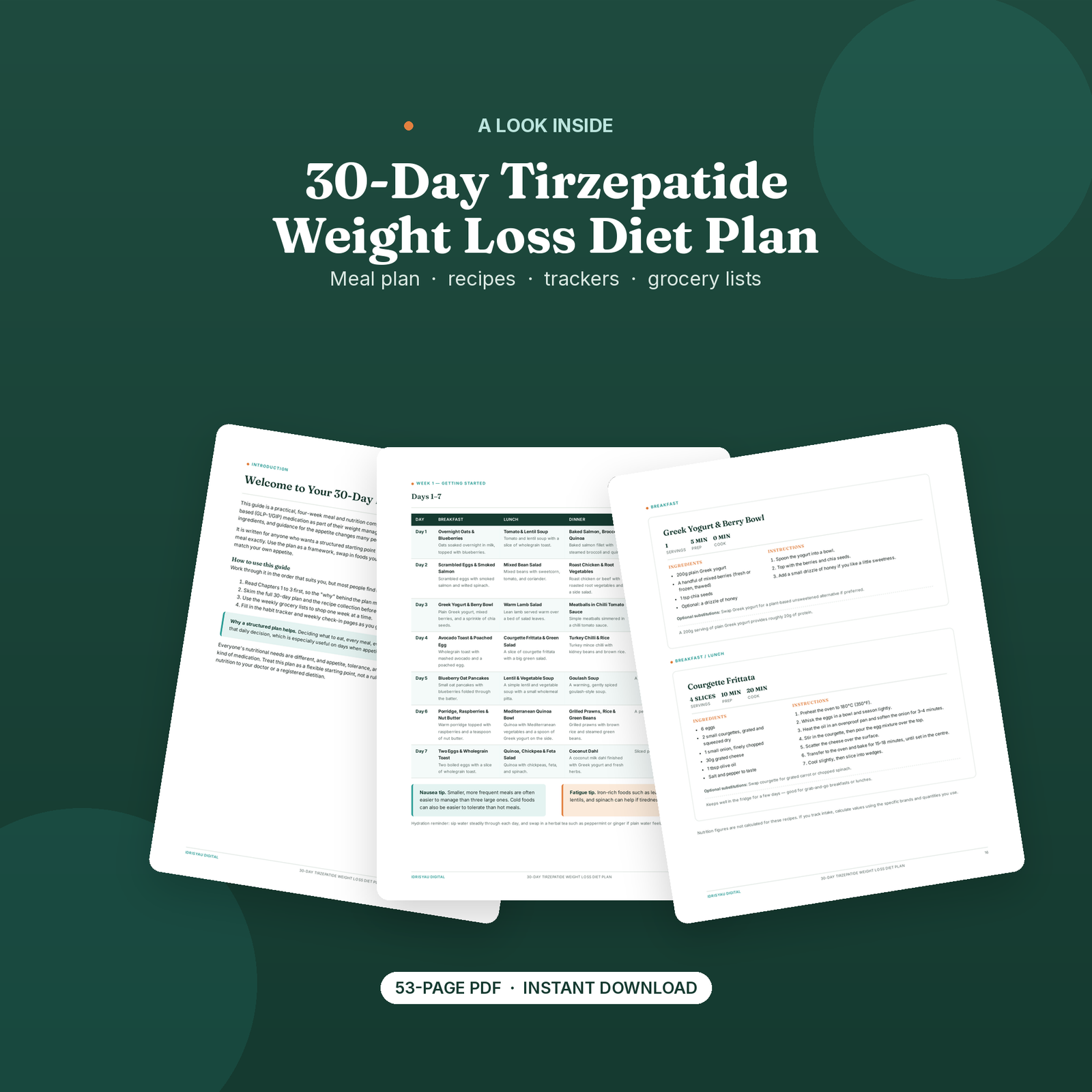 Four sample pages from the tirzepatide diet plan guide: a printable grocery checklist, a weekly habit tracker, a recipe page, and a food substitution table