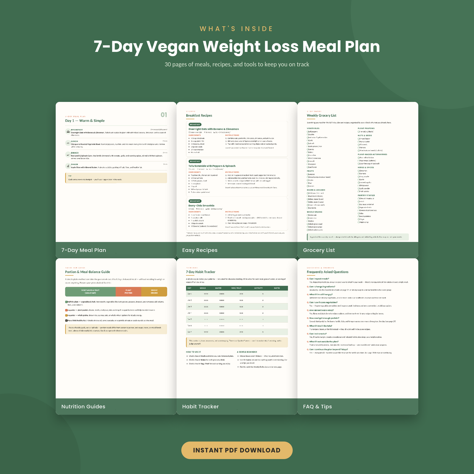7-Day Vegan Weight Loss Meal Plan chapters and meal plan pages