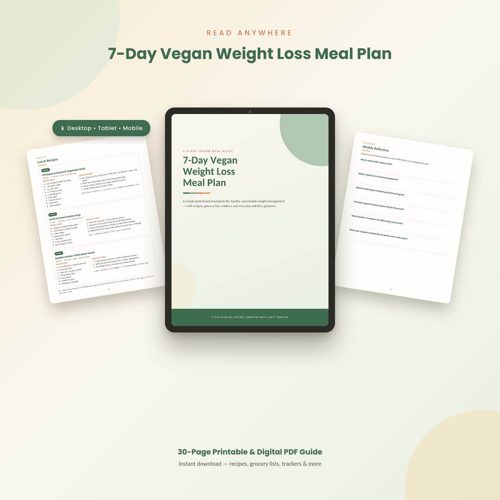 7-Day Vegan Weight Loss Meal Plan ebook mockup showing cover and inside pages