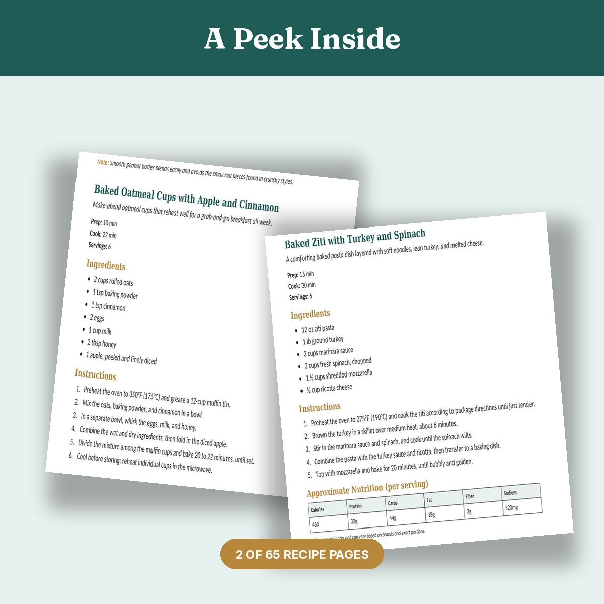 Sample recipe pages from the diverticulitis cookbook showing ingredients, instructions, and nutrition information