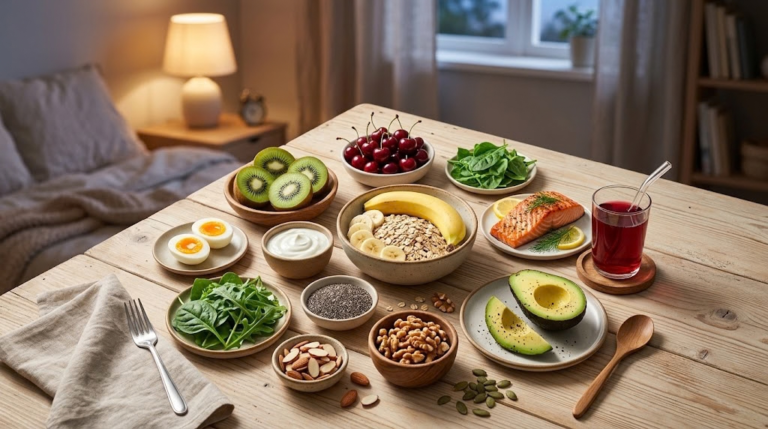Assortment of sleep-inducing foods including almonds, walnuts, tart cherries, chamomile tea, and bananas arranged on a wooden table.