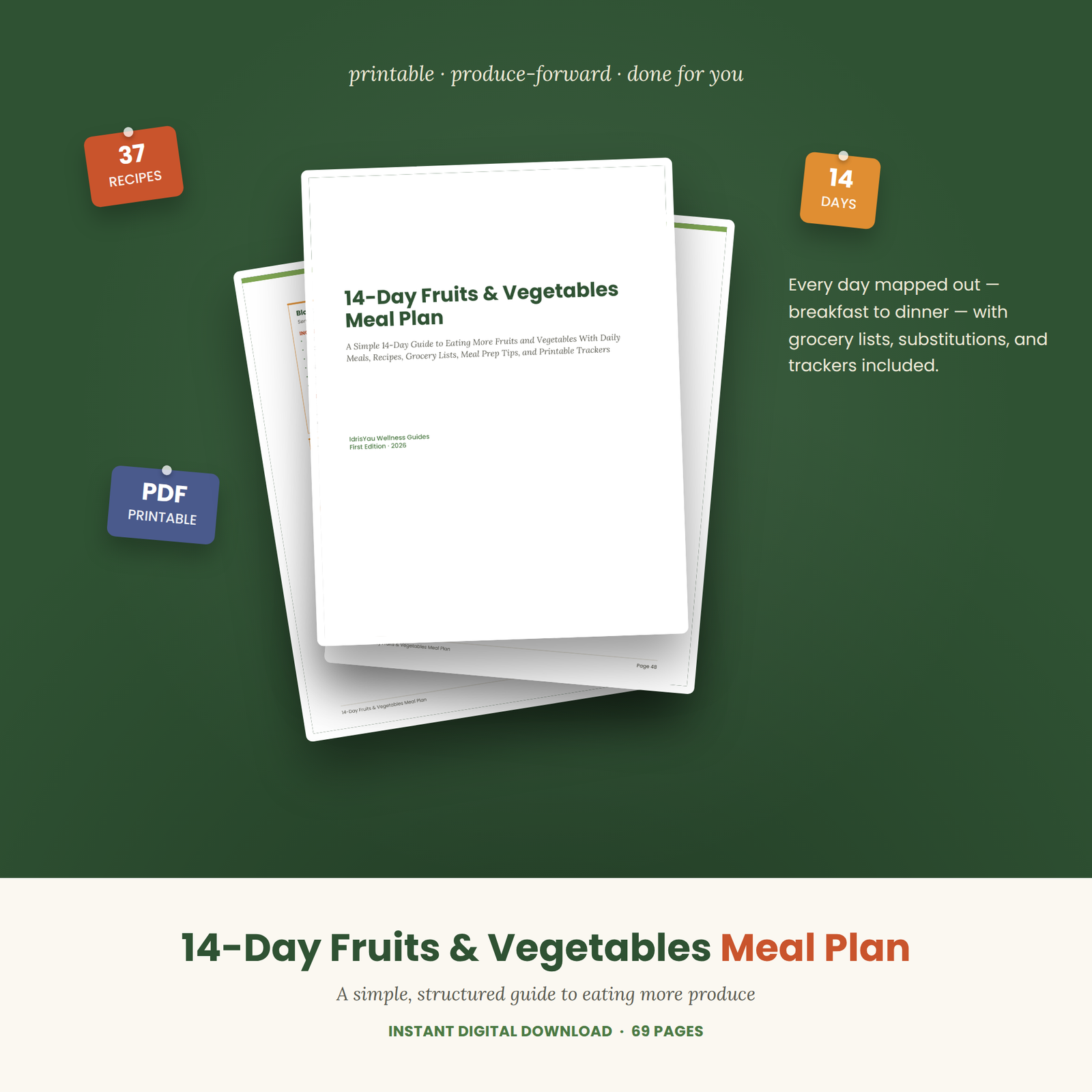 Printable fruits and vegetables meal plan PDF pages fanned out, 14-day diet guide flat lay