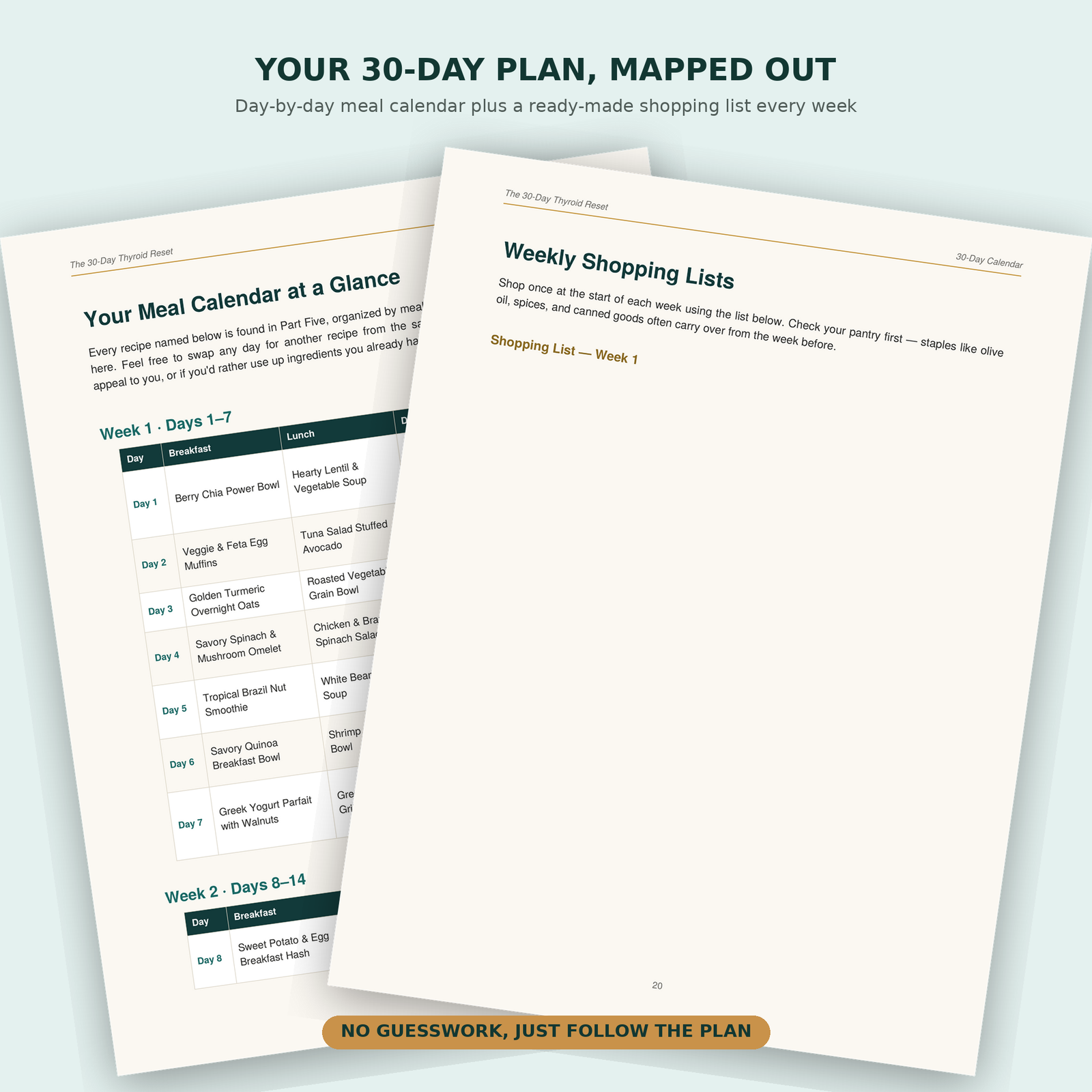 Week 1 meal calendar and matching weekly shopping list pages from The 30-Day Thyroid Reset, showing a day-by-day breakfast and lunch schedule for thyroid-friendly eating.