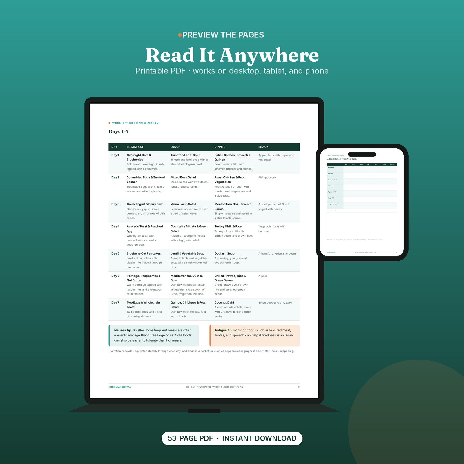 Laptop and phone mockup displaying pages from the tirzepatide diet plan PDF, showing the guide is readable on desktop and mobile devices