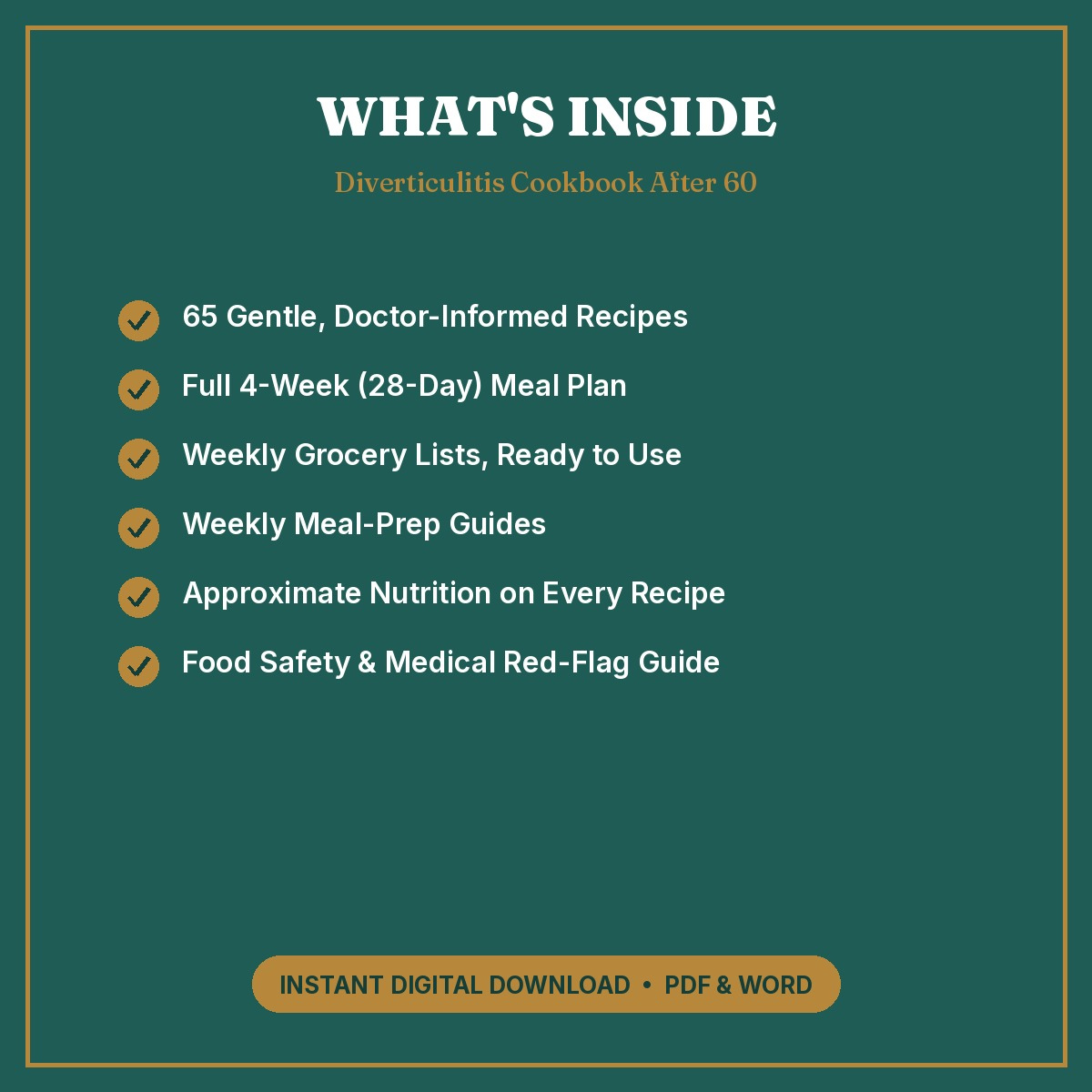 Feature list graphic for the diverticulitis cookbook after 60, including recipes, meal plan, grocery lists, and meal-prep guides