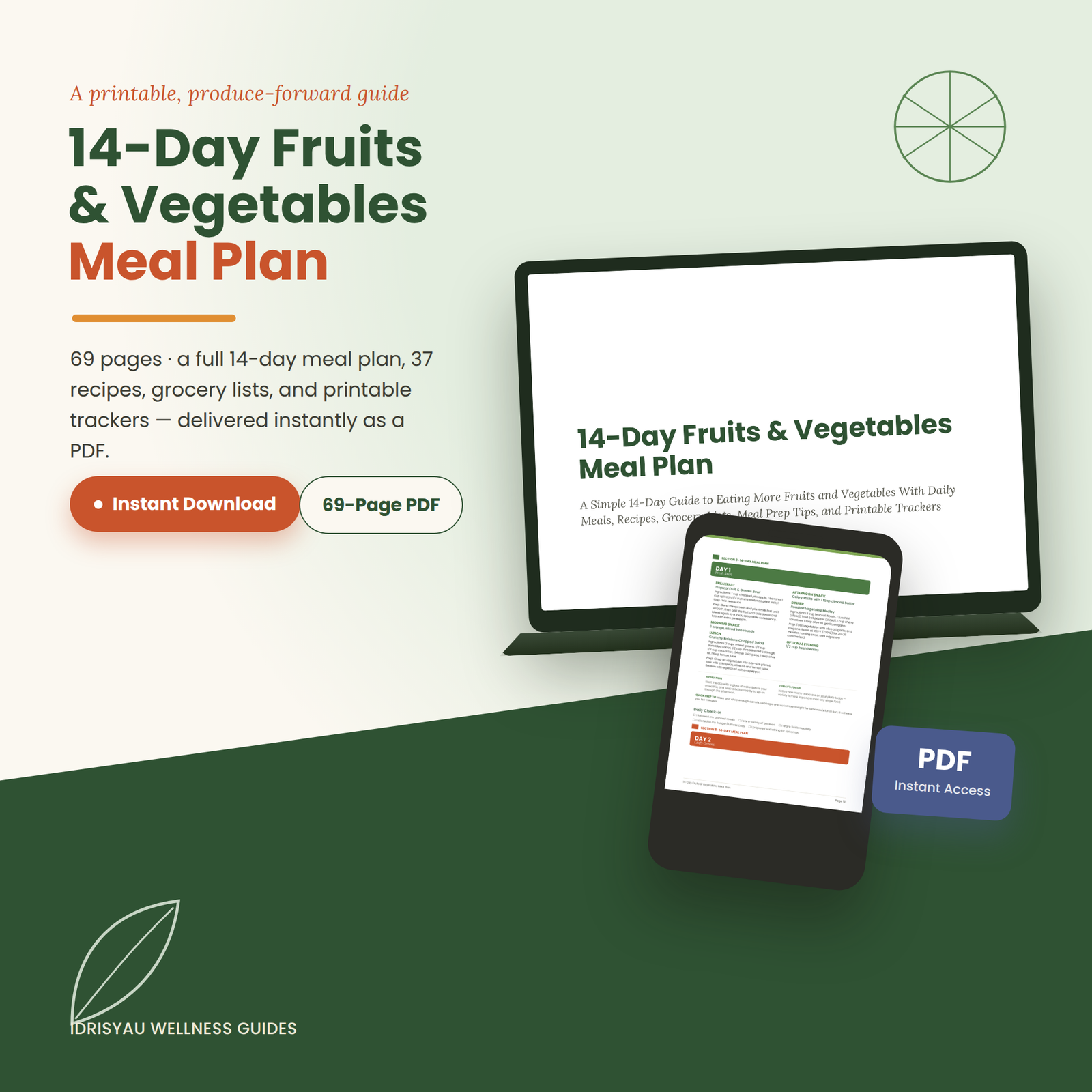 14-Day Fruits and Vegetables Meal Plan PDF shown on laptop and phone, instant digital download